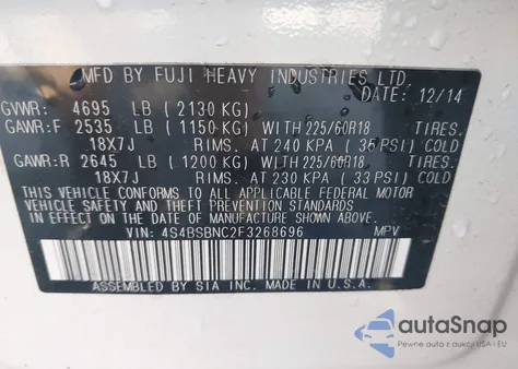 2015 Subaru Outback 2.5I Limited from USA, damaged, VIN 4S4BSBNC2F3268696